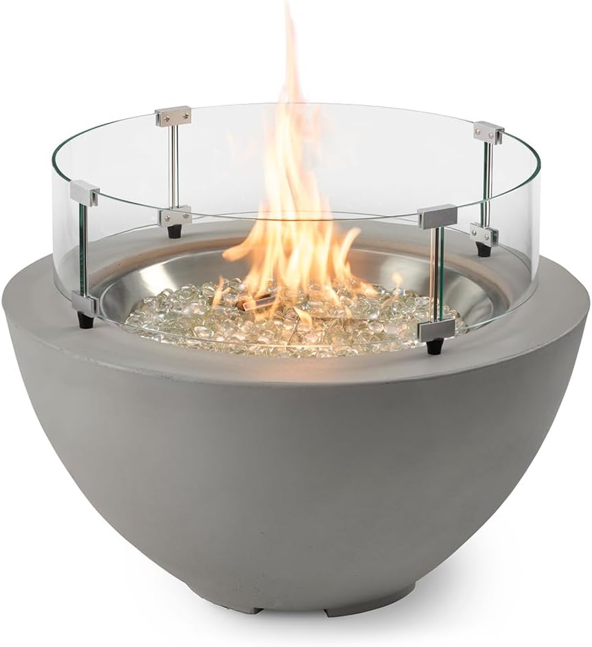 Outdoor GreatRoom Co Propane Fire Pit Table - Cove Gas Fire Pits for Outside Patio - 29 Inch Round Bowl Concrete Firepit Fire Table with Glass Tabletop Cover, Tempered Clear Glass Gems, 80,000 BTU