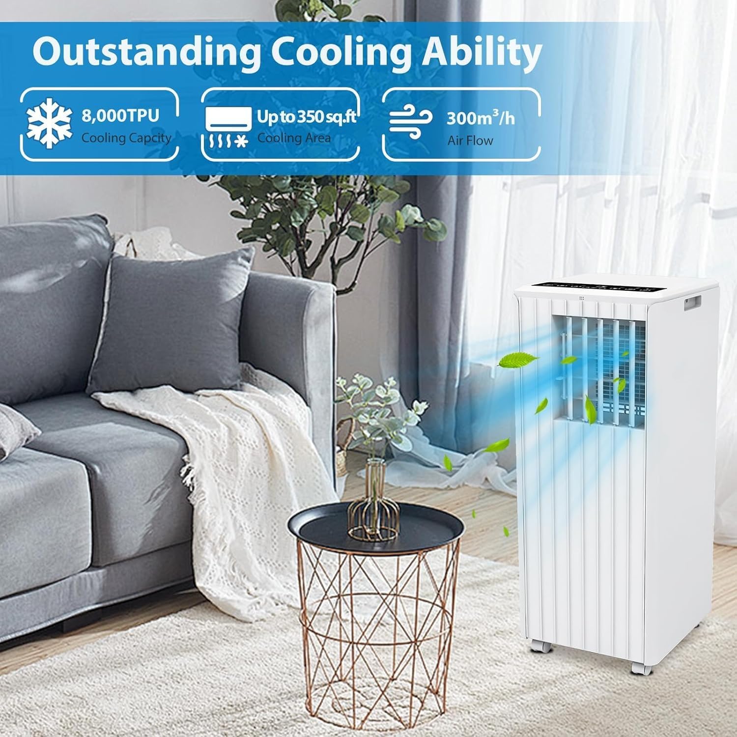 Portable Air Conditioner with Remote Control, 8,000 BTU Cools up to 350 Sq. Ft., LED Touch Panel, Built-in Dehumidifier, Fan, 3 in 1 Compact Indoor Quite AC Unit for Home Office Dorm RV, White