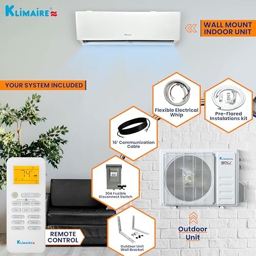 Klimaire 12,000 BTU 23 SEER2 Wall Mounted Ductless Mini Split Inverter A/C Heat Pump System w/ 16’ Installation Kit & Wall Mounting Bracket 230V