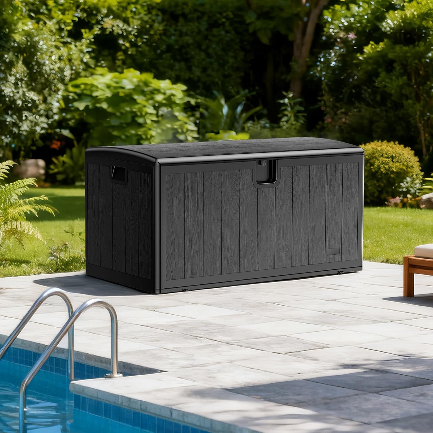 JEKO&JEKO 110 Gallon Outdoor Storage Box, Large Plastic Deck Box with Lockable Lid for Patio Furniture, Garden Tools, Outdoor Cushions and Shoes, Black