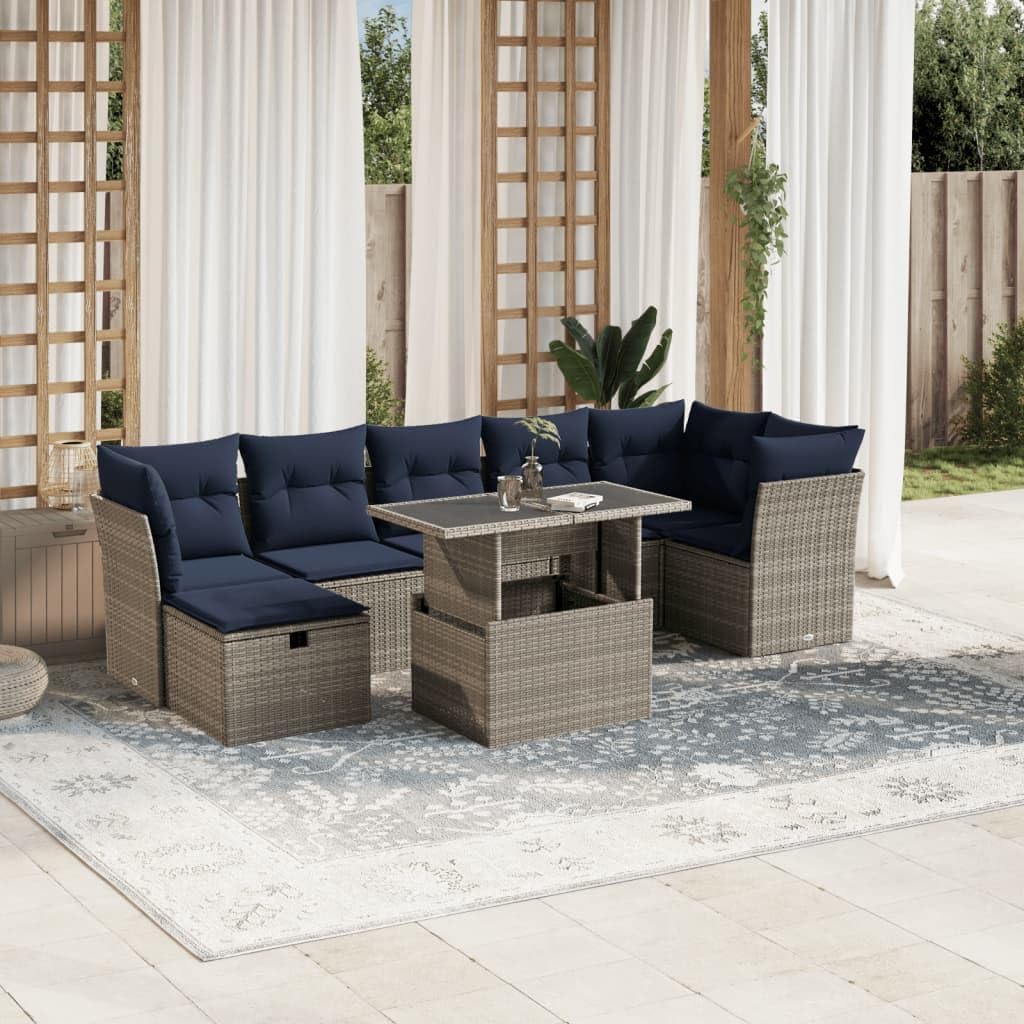 8 Piece Garden Sofa Set with Cushions, Grey Poly Rattan Outdoor Patio Furniture, Adjustable Dining Table Set for Backyard Balcony