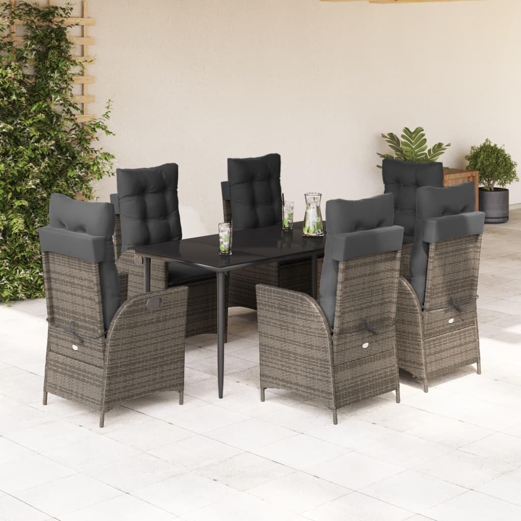 7 Piece Patio Dining Set with Cushions Gray Poly Rattan,Rattan Garden Dining Set with Adjustable Reclining Chairs and Glass Table Patio Furniture Sets, Outdoor Furniture Sets