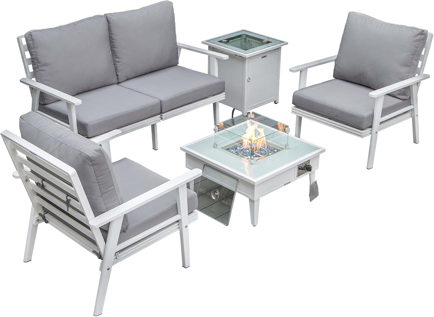 LeisureMod Walbrooke Modern Aluminum 5-Piece Patio Conversation Set with Outdoor Square Fire Pit Table & Side Table Tank Holder (Grey)