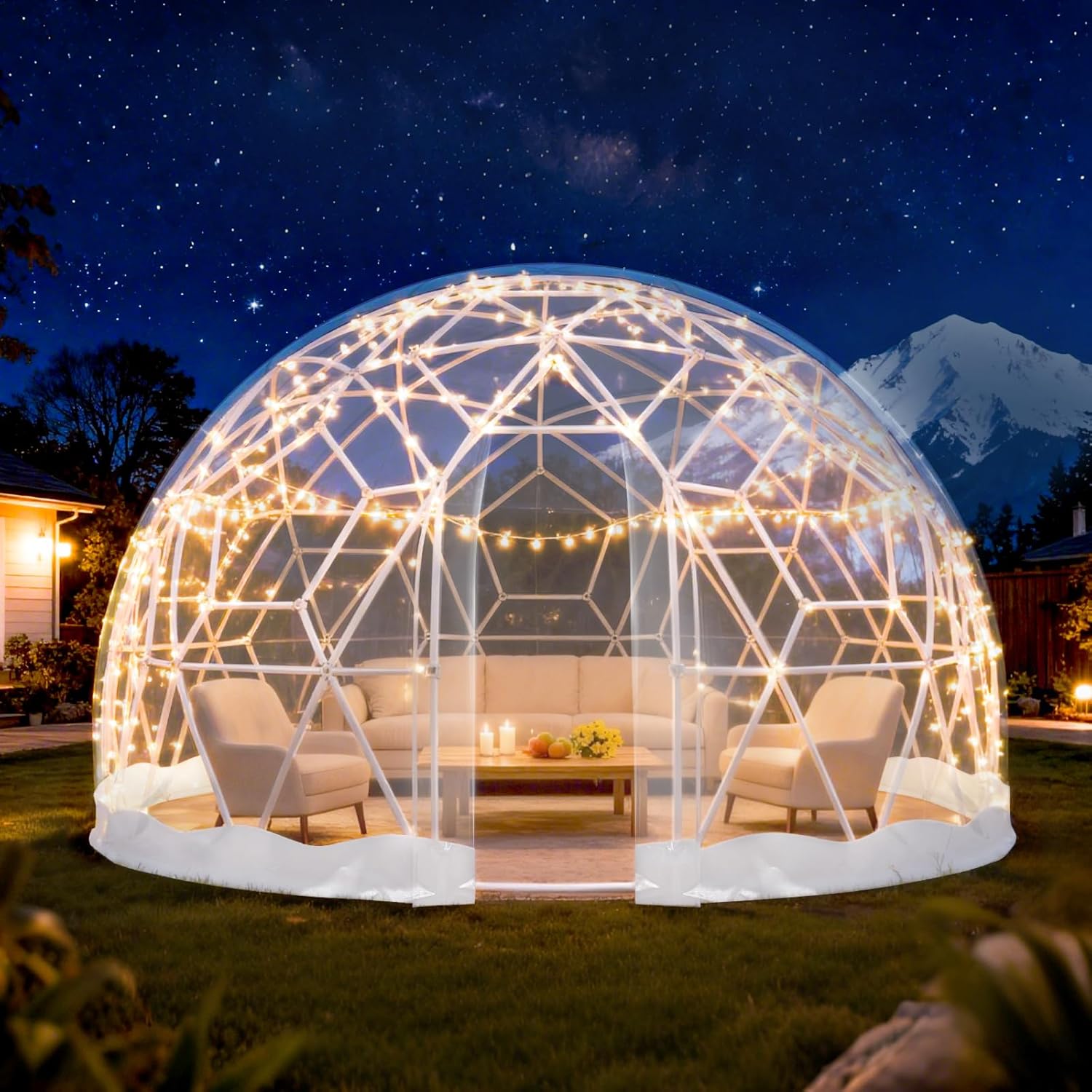 Garden Dome Tent 12*7.2FT, 360° View Geodesic Dome Greenhouse with PVC Clear Cover, Waterproof Garden Bubble Dome Tent House with 2 x 10M Light Strings for Outdoor, White