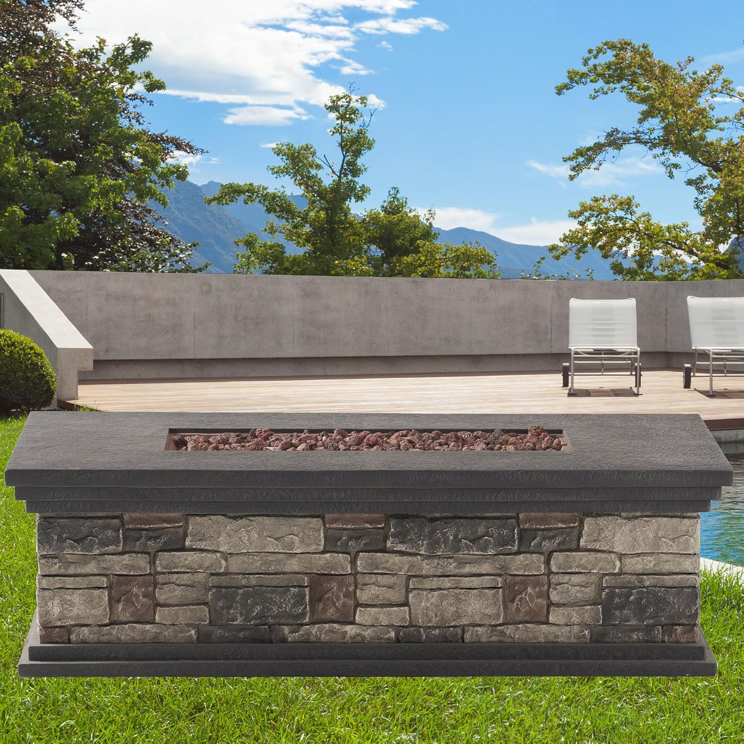 56'' Propane Fire Pit Table, 50,000 BTU Rectangle Outdoor Gas Firepit, Imitation Stone Concrete fire Pit Table with Auto-Ignition for Patio, Deck, Garden