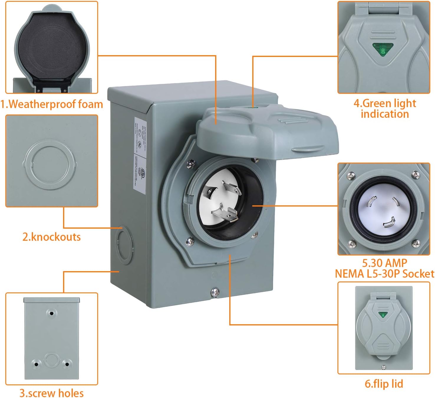 Genenic 30 Amp Generator Power Inlet Box,NEMA L5-30P,Generators Up to 3750W Running Watts,125 Volt for Outdoor Receptacle,Weatherproof,with Indicator Light,ETL Listed