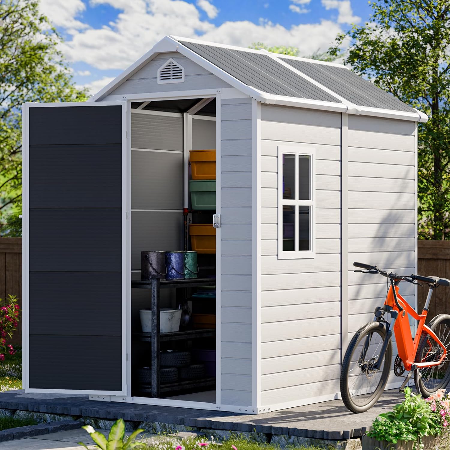 HUSFU Outdoor Resin Storage Shed 6x4 FT, Plastic Tool Shed for Bike, Garbage Can, Chicken Coop, Outside Sheds with Lockable Door for Backyard, Patio, Lawn, Light Grey