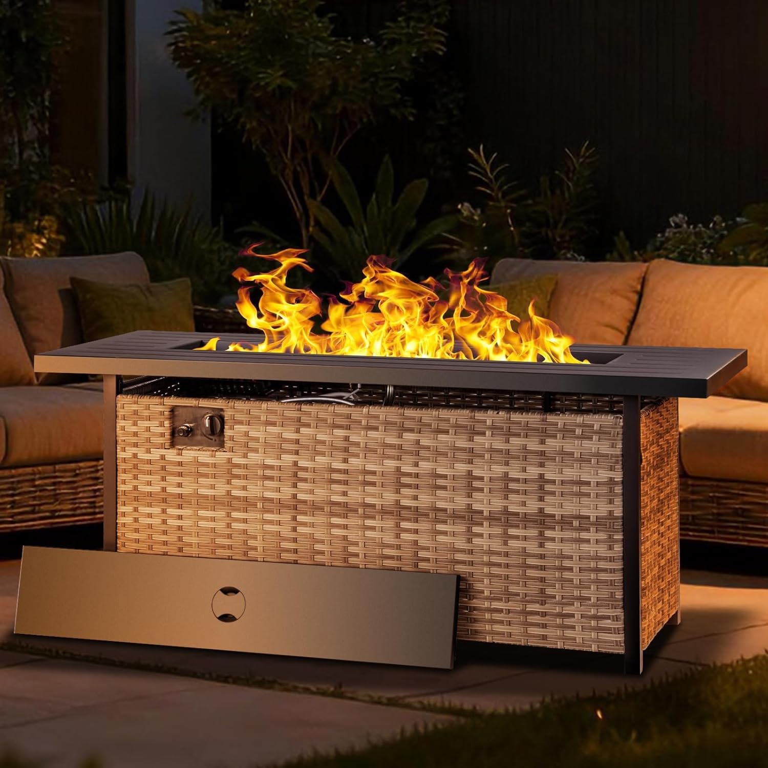 57 inch Propane fire Pit Table with Waterproof Cover & Ratten Side Panel, 50000 BTU Gas Firepit Table with Lid & Lava Rock, Outdoor Fire Pit for Dining or Party, Firepit for Outside, Patio