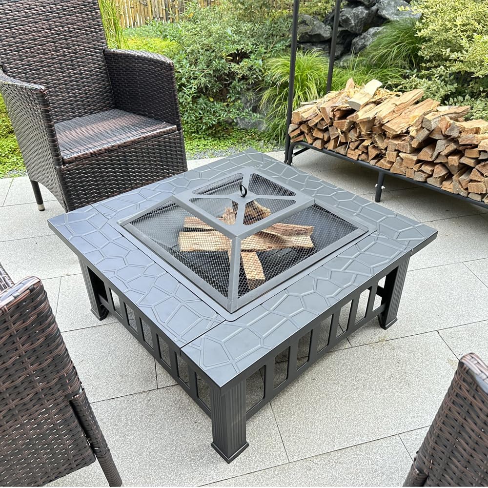 Outdoor Fire Pit Table 32 Inch Square Metal Wood Burning Outdoor Stove with Portable Design for Backyard Patio Camping Bonfire