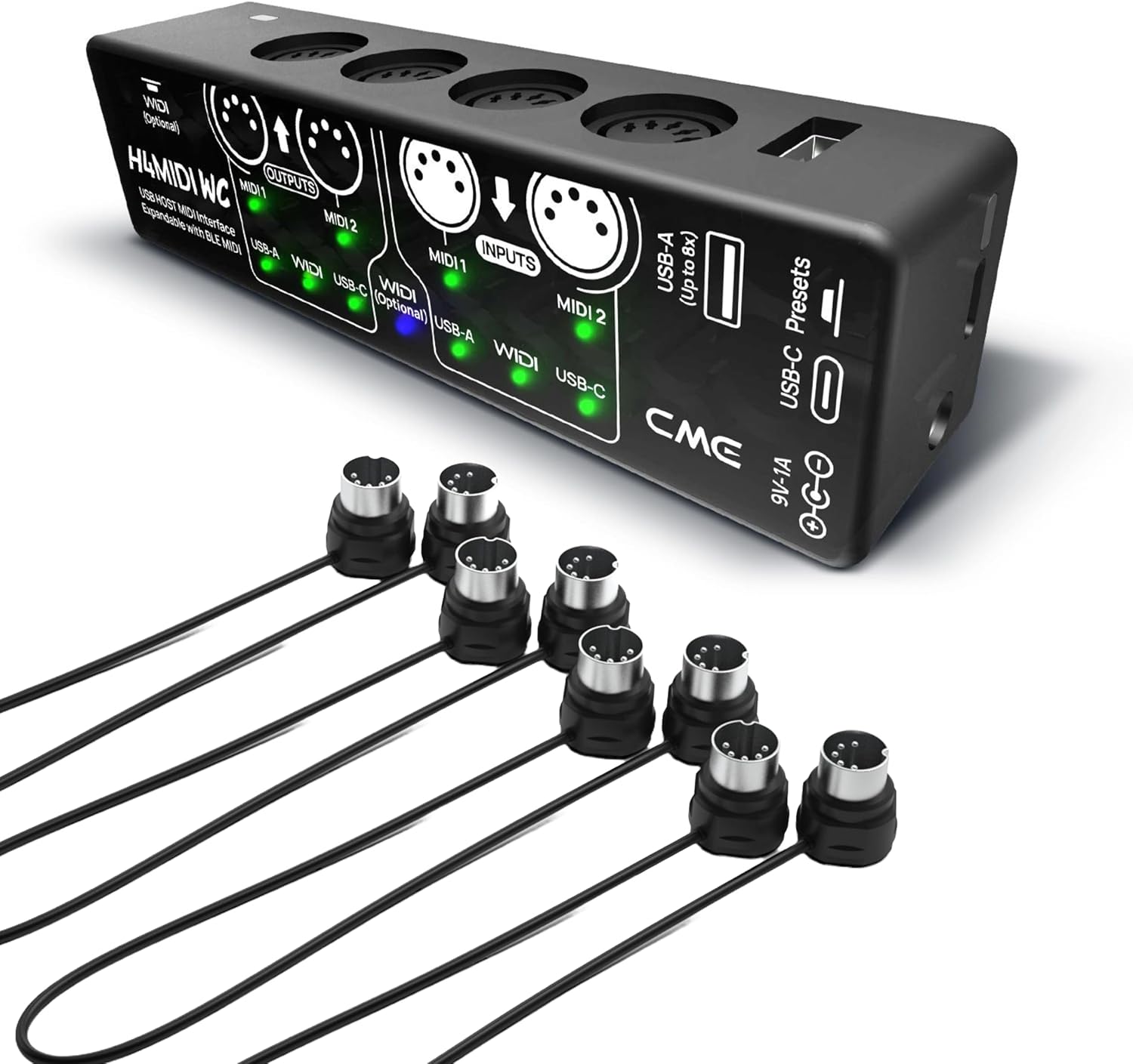 CME H4MIDI WC + 4-Pack 1-FT MIDI Cables - USB Host MIDI Interface with Router, Mapper & Filter + 4-Pack 1-FT 5-pin DIN MIDI Cables for compact spaces