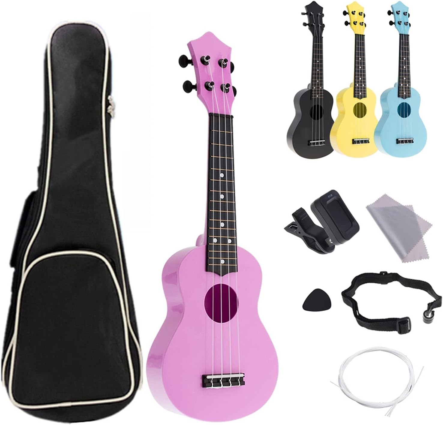 Ukulele Combo 21 Ukulele Soprano 4 Strings Uke Hawaii Bass Stringed Musical Instrument Set Kits+Tuner+String+Strap+Bag Children Ukulele (Color : Pink)