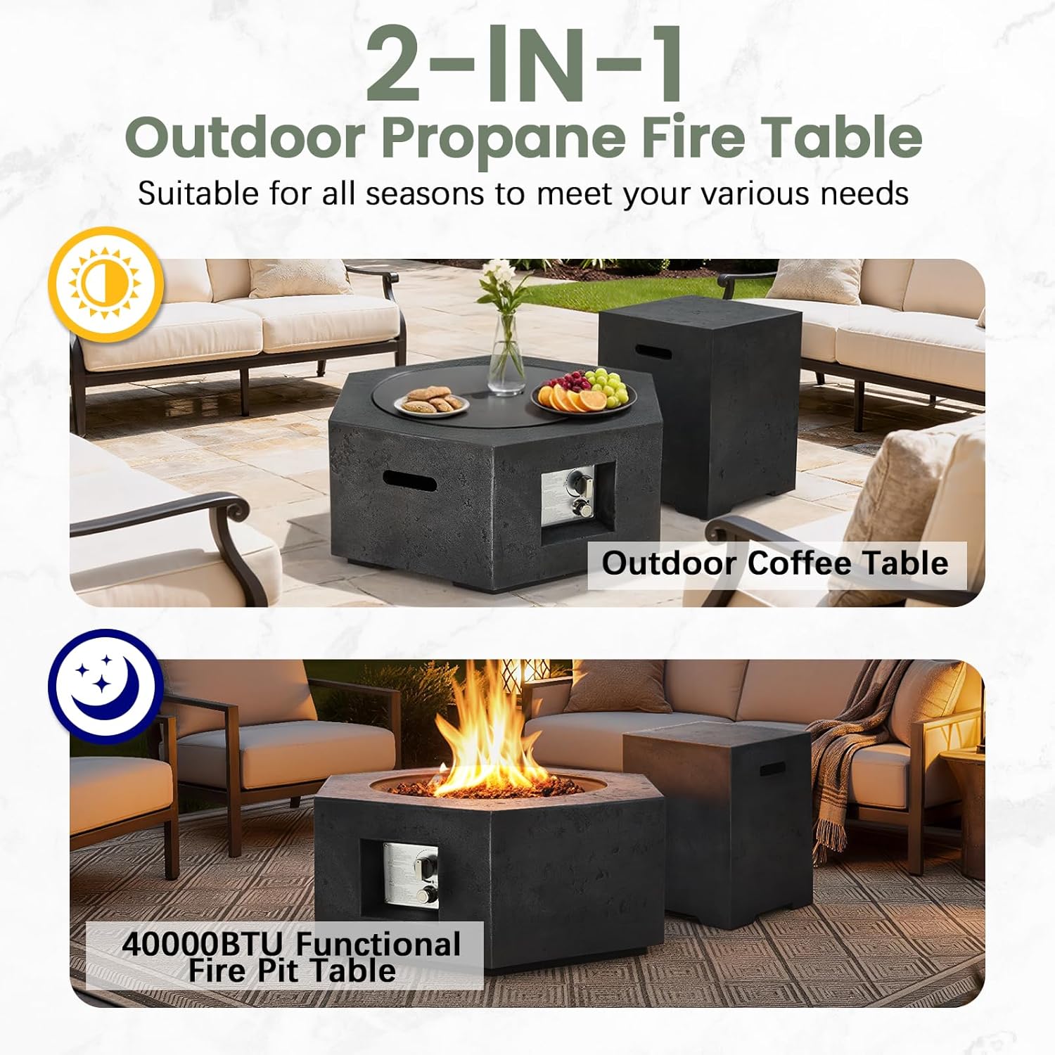 ECOTOUGE 2-Piece Propane Fire Pit, Outdoor Gas Fire Pit Table w/Tank Cover, 30''Auto-Ignition Steel Fire Table, 50,000 BTU Hexagon Concrete Fire Pit w/Weather-Resistant Pit Cover, Lava Rocks, Black