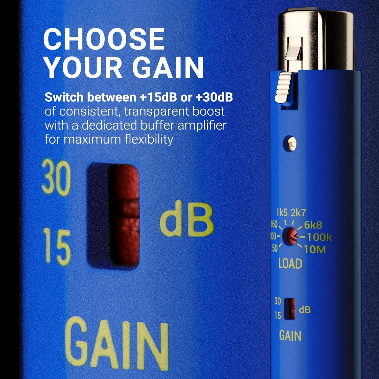 sE Electronics DM2 TNT Ultra-Slim Inline Microphone Preamp for Ribbon & Dynamic Microphones - Mic Preamp with 2 Gain Settings (+15dB or +30dB) & 8 Load Settings (50 Ohm-10 M Ohm) (Blue)