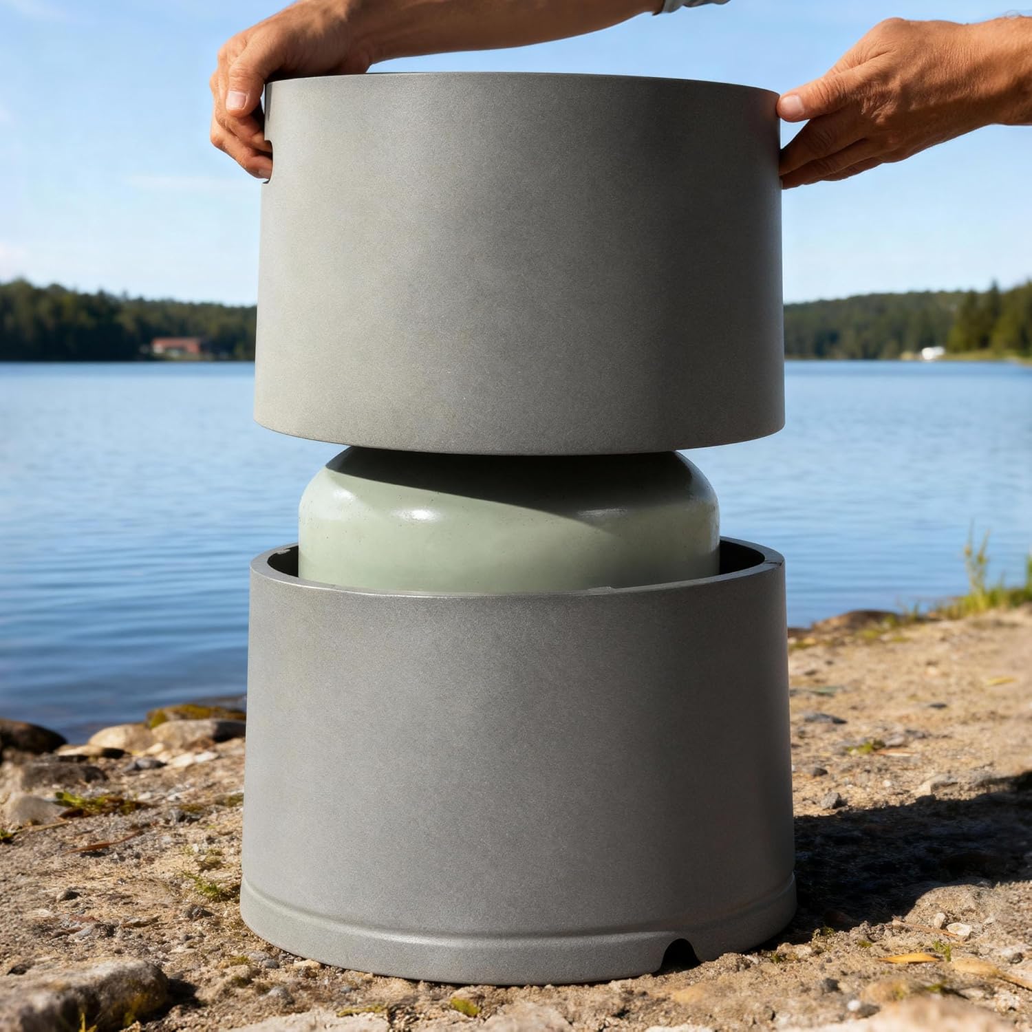 Propane Tank Cover, Outdoor Fire Pit Cover Holder for 20 lb Tank for Dining or Party, Gray Round Steel Hideaway Storage for Gas Fire Pits & Patio, Firepit for Outside, Garden, Yard, Only Table