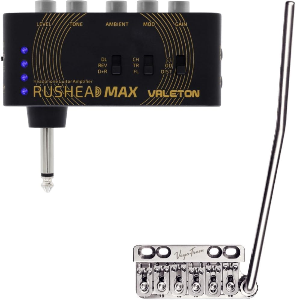 Vega-Trem VT1 Standard 6-Screw Glossy Stratocaster Guitar Tremolo Bridge + Valeton Rushead Max USB Chargable Portable Pocket Guitar Bass Headphone Amp Bundle