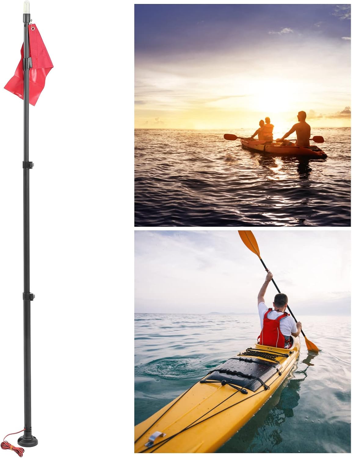 Kayak Flag with Light, Lightweight Safety Canoeing Flag Light Set, Nylon Aluminum Alloy 19W Retractable Fishing Kayak Accessories for Kayaking, Rowing and Other Sports