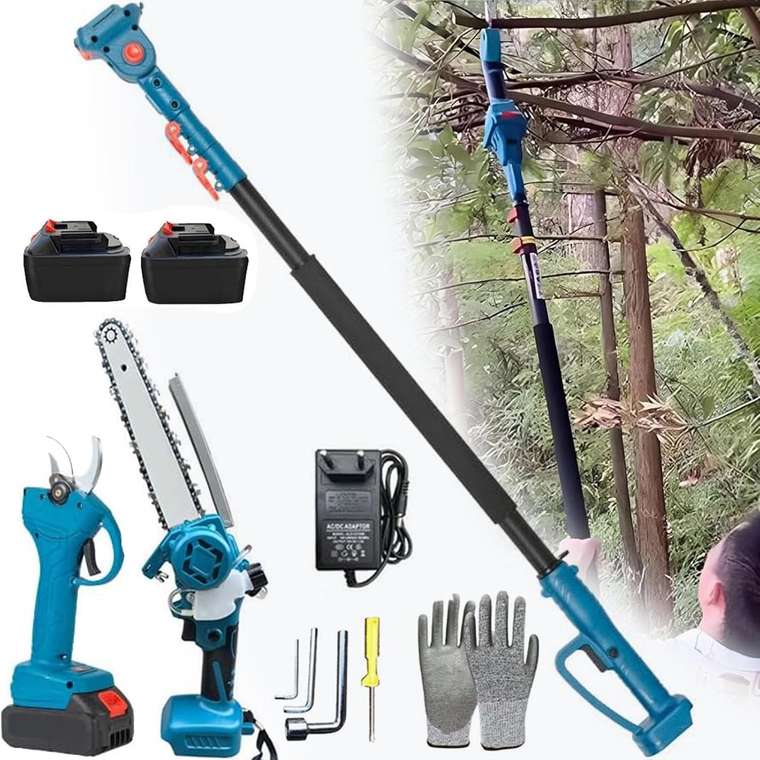 Upgraded 4 in 1 Cordless 8 inch Pole Saw & Mini Pruning Shears with 2 * 1.3Ah Battery, Power Electric Polesaw, With 1.25-2.2m telescopic pole, Limb Branch Cutter Pruner