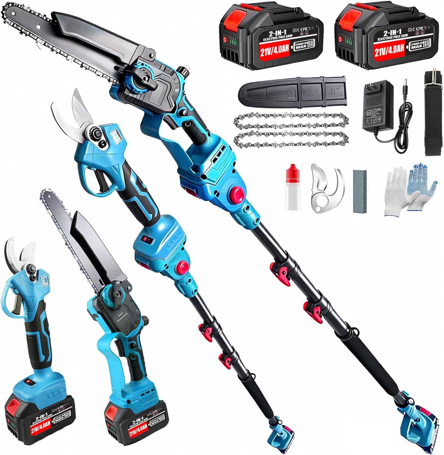 4-in-1 Electric Pruning Shears & 8 Inch Electric Pole Saws for Tree Trimming with 16FT Extension Pole & 2×4.0Ah Battery Powered, Brushless Cordless Pole Saw Tree Trimmer Limb Branch Cutter Tree Pruner