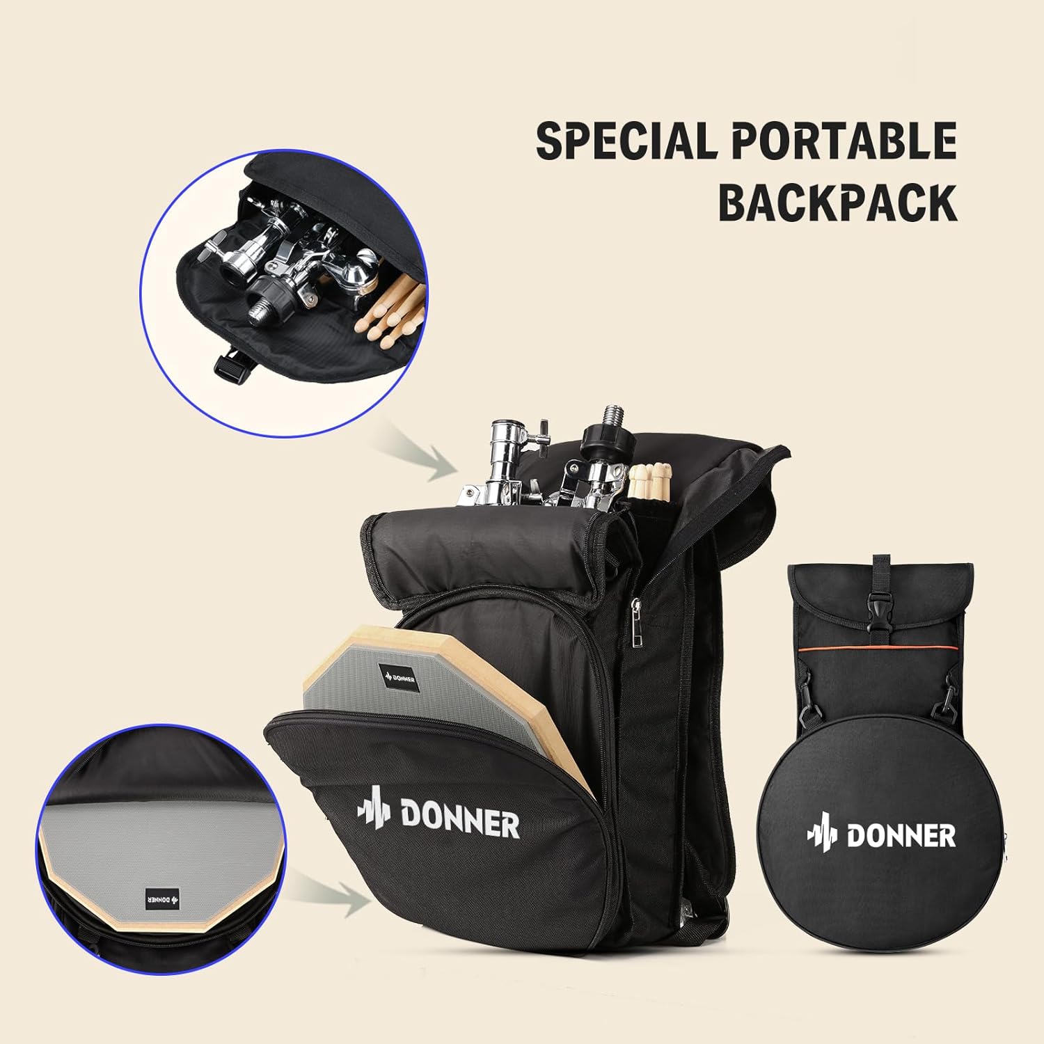 Donner Snare Drum Stand Set with Drum Practice Pad, 12'' Double-sided Silent Drum Pad set, Drumsticks, Backpack Adjustable Stand Fits 10''-14'' Dia Drums