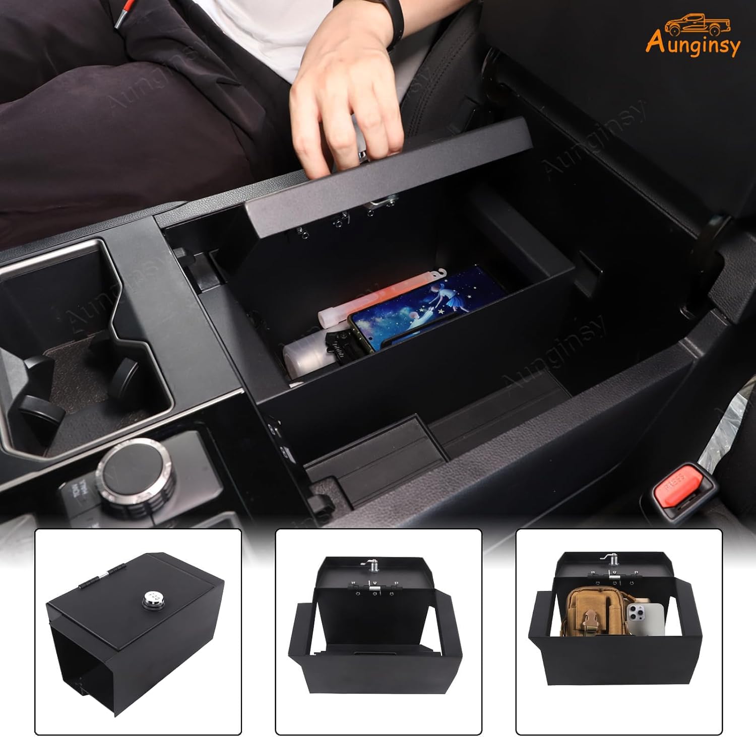 Aunginsy Car Center Console Lock Safe Box Armrest Storage Compatible with Toyota Tundra 2022-2025 Center Console Lock Box Armrest Security Organizer Tray with 3 Digit Combo Password Insert Accessories