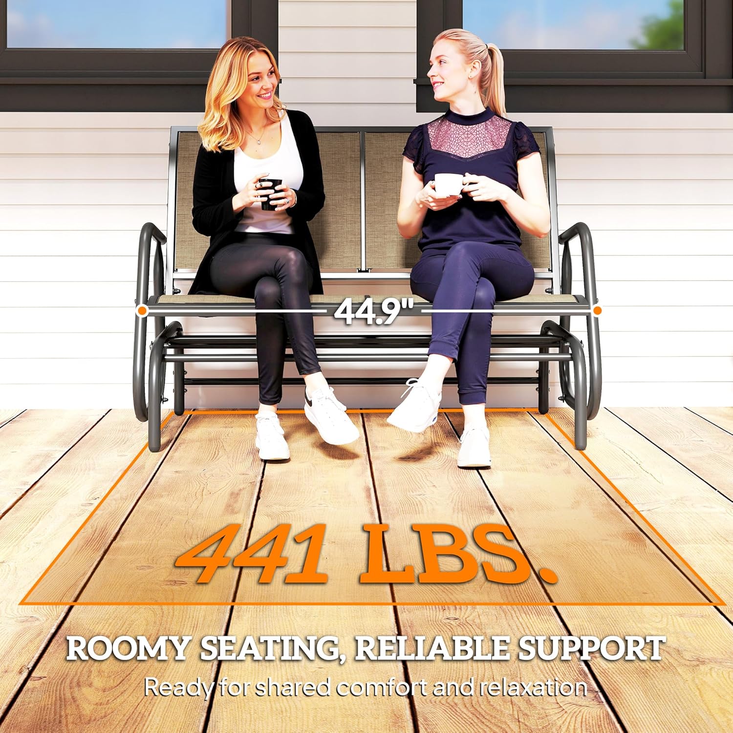 Outsunny 2-Person Outdoor Glider Bench, Patio Double Swing Rocking Chair Loveseat w/Powder Coated Steel Frame for Backyard Garden Porch, Light Mixed Brown