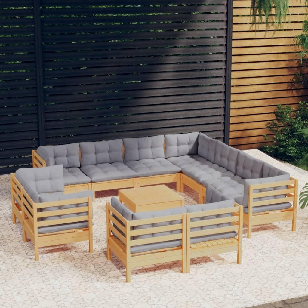 12 Piece Patio Lounge Set with Gray Cushions Solid Pinewood,Ultimate Comfort and Versatility: Modular Garden Lounge Set in Durable Pinewood and Plush Gray Cushions Patio Furniture, Outdoor Furniture S