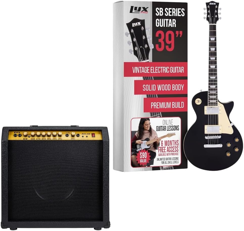 LyxPro 39” SB Series Electric Guitar, LP Style for Beginner, Intermediate & Pro Players Solid Body Guitar, Bonus 2Pack of Picks - 60 Watt Electric Guitar Amplifier Combo Solid State Studio & Stage Amp