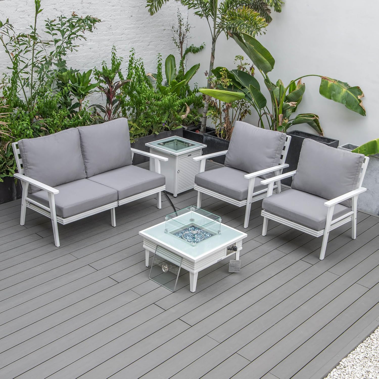LeisureMod Walbrooke Modern Aluminum 5-Piece Patio Conversation Set with Outdoor Square Fire Pit Slats Design & Side Table Tank Holder, Grey