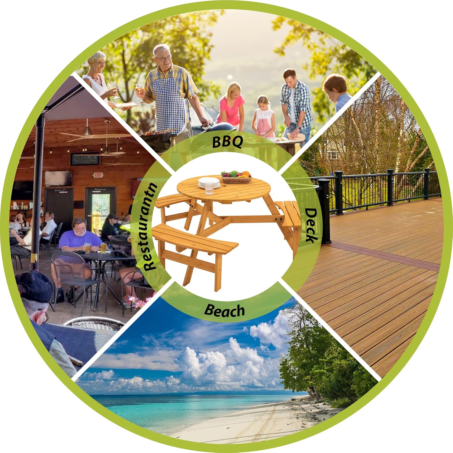 Picnic Table for 6-8 Outdoor Table and Chairs Circular Outdoor Wooden Picnic Table with Curved Benches - 35