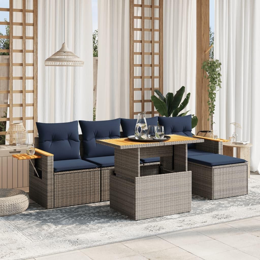 6 Piece Patio Sofa Set with Cushions, Gray Poly Rattan Outdoor Furniture, Adjustable Table, Modular Design for Balcony, UV-Proof