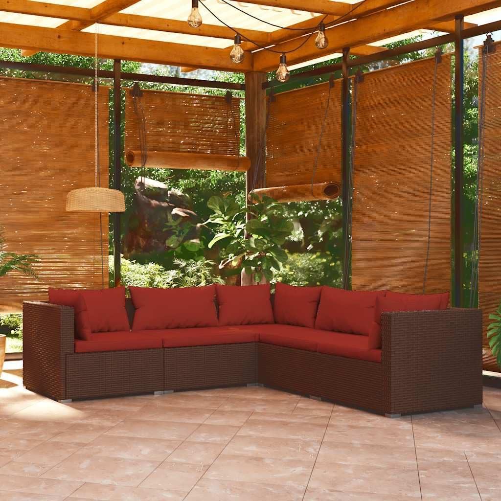 Garden Lounge Set Brown PE Rattan, Powder-Coated Steel Frame, 5-Piece Outdoor Patio Furniture, Balcony Dining Seating, Weather-Resistant Cushions