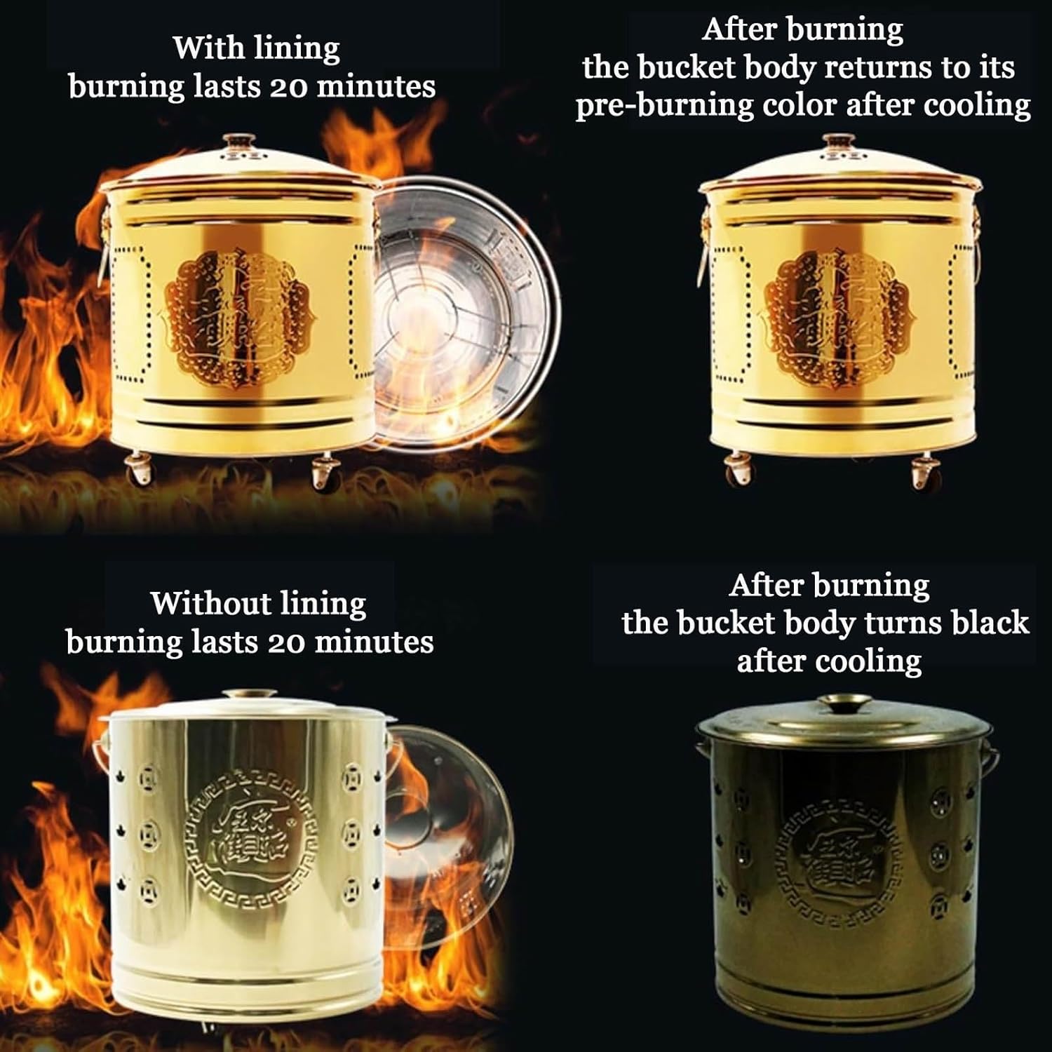 Stainless Steel Outdoor Smokeless Burn Barrel with Lid Garden Incinerator Burning Fire Bin Fire Pits with Wheels Burning Gold Barrel Burning Scripture Barrel for Paper Leaf Trash Indoor(Gold,10.2in)