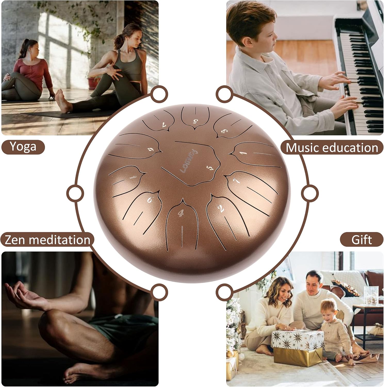 Steel Tongue Drum 12 Inch 11 Notes for Adults - Ethereal Metal Instrument for Meditation & Yoga with Music Book, Mallets & Carry Bag (Brown)