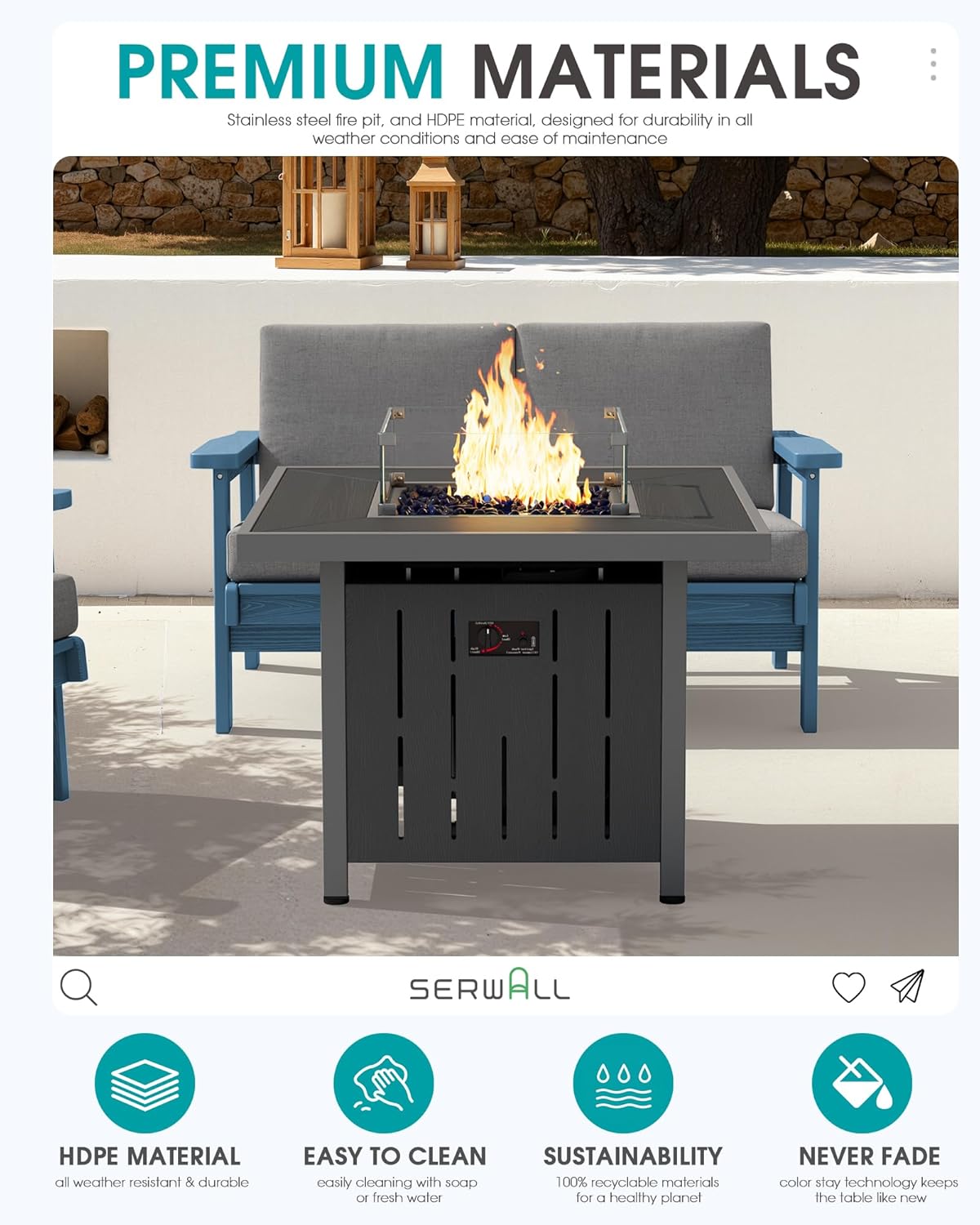 SERWALL Patio Furniture Set with 33” Fire Pit Table, HDPE Outdoor Sectional Sofa Set with Thickened Cushions, Grey Frame with Grey Cushions