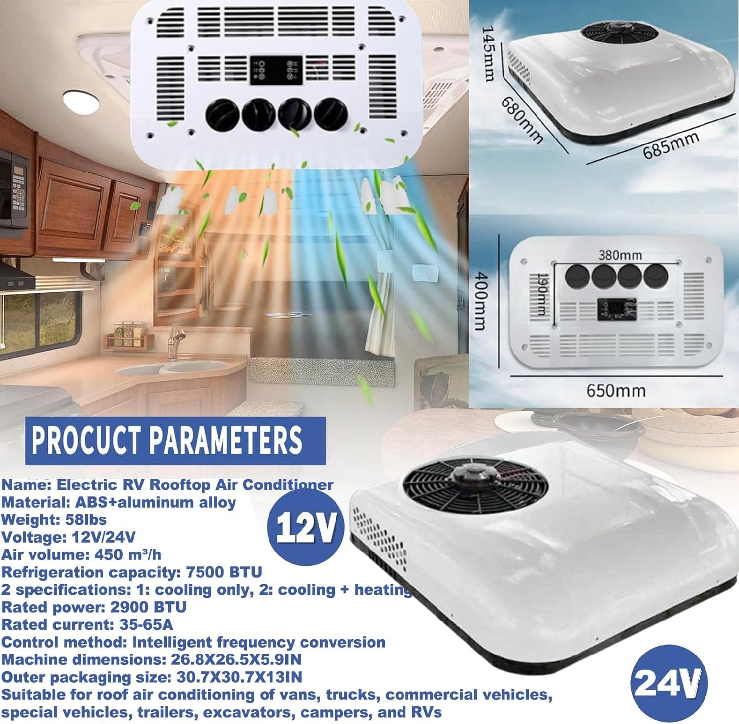 12v 24v Rv Air Conditioner Ultra-Quiet Ac, Easy Install Non-Ducted Rooftop Unit-Cooling/Cooling+Heating, For Campers, Rvs And Travel Trailers,RedCool+Heat12v