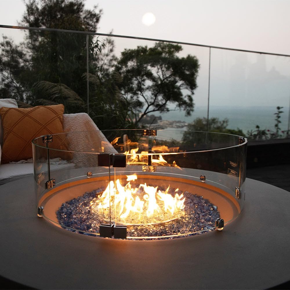 Elementi Plus Glass Wind Screen Outdoor Firepit Bowl Wind Guard Round Clear Fire Pit Glass Guard Fireplace Screen Tempered Glass Wind Shield Firepit Accessories - 25.4 x 25.4 Inches