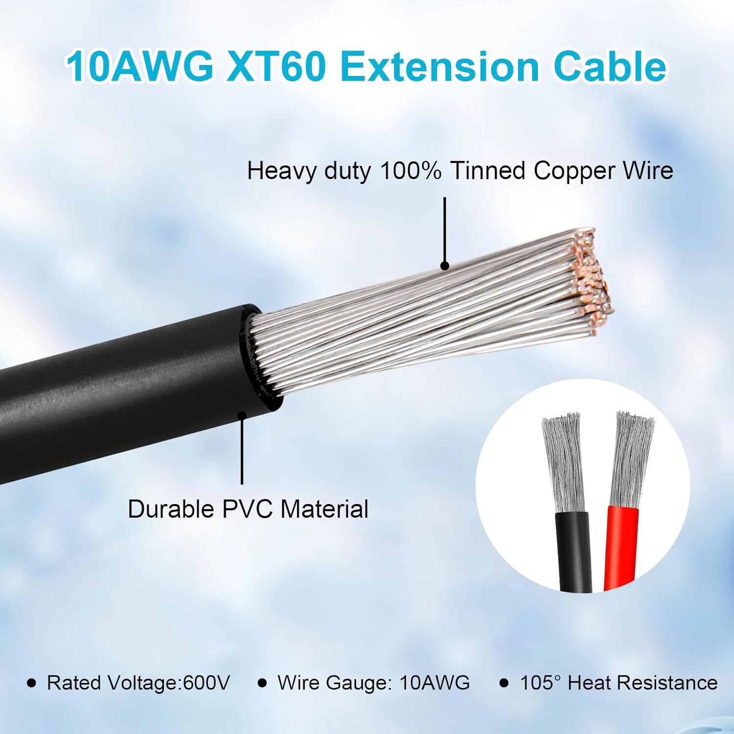 10AWG 40FT XT60 Extension Cable 2 3 5 10 15 20 25 30 35 40 50 75 100FT XT60 Female to Male Connector for Portable Power Station Solar Panel RC Battery
