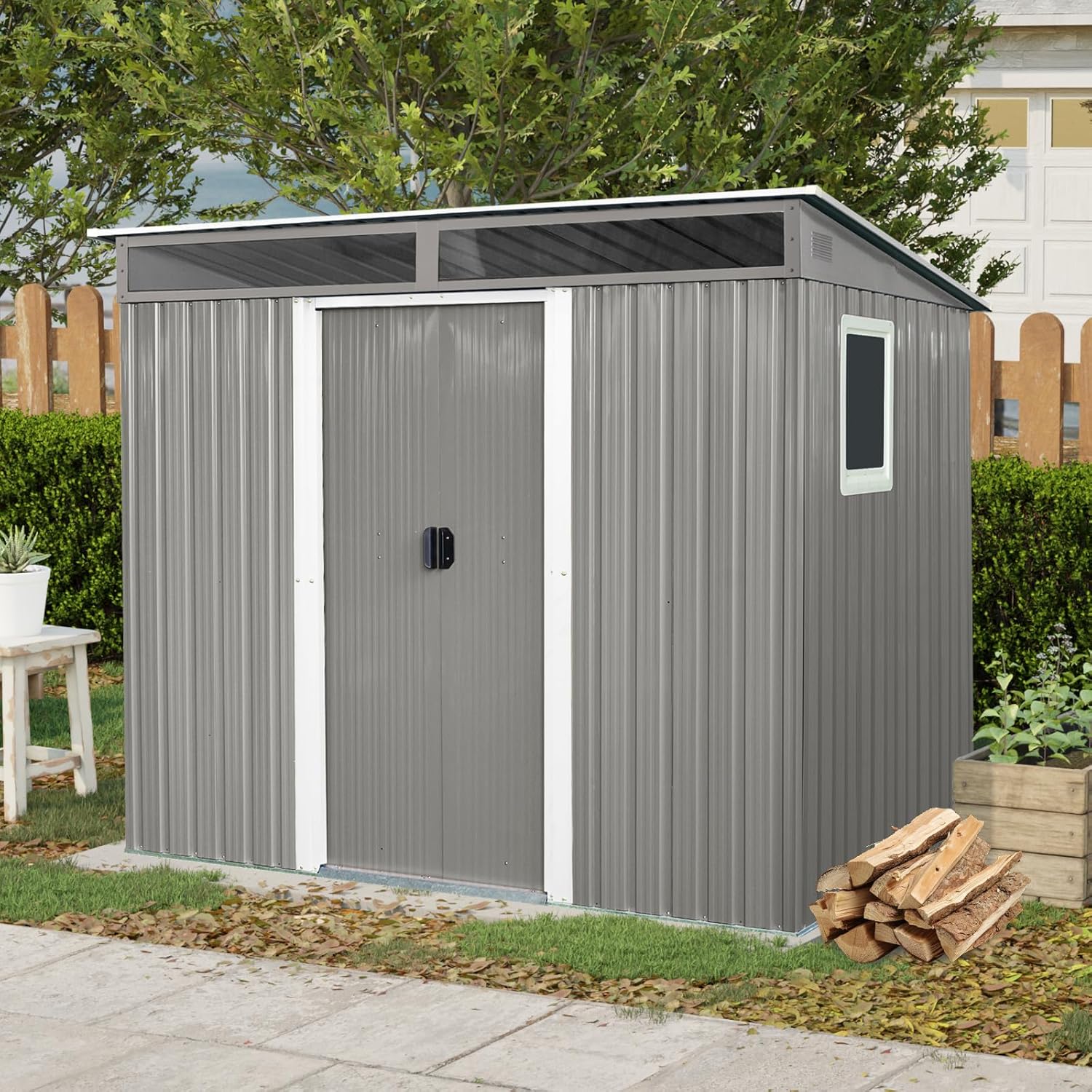 8x6 FT Gray Outdoor Metal Storage Shed with Lockable Sliding Doors,Transparent Plate & Window for Garden, Backyard,Patio Utility and Small Tool Storage, Bike Shed, Garbage Can, Chicken Coop
