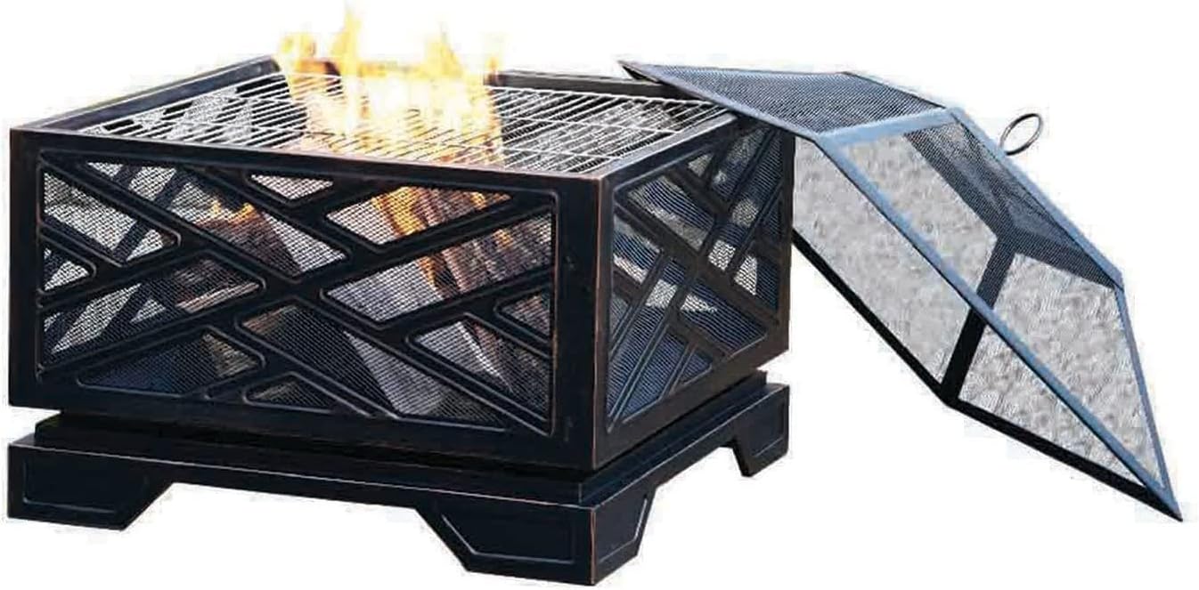26 Inch Outdoor Fire Pit Iron Square Wood Burning Fireplace Backyard Firepit for Patio BBQ Camping Bonfire with Mesh Cover Grills Poker Bronze