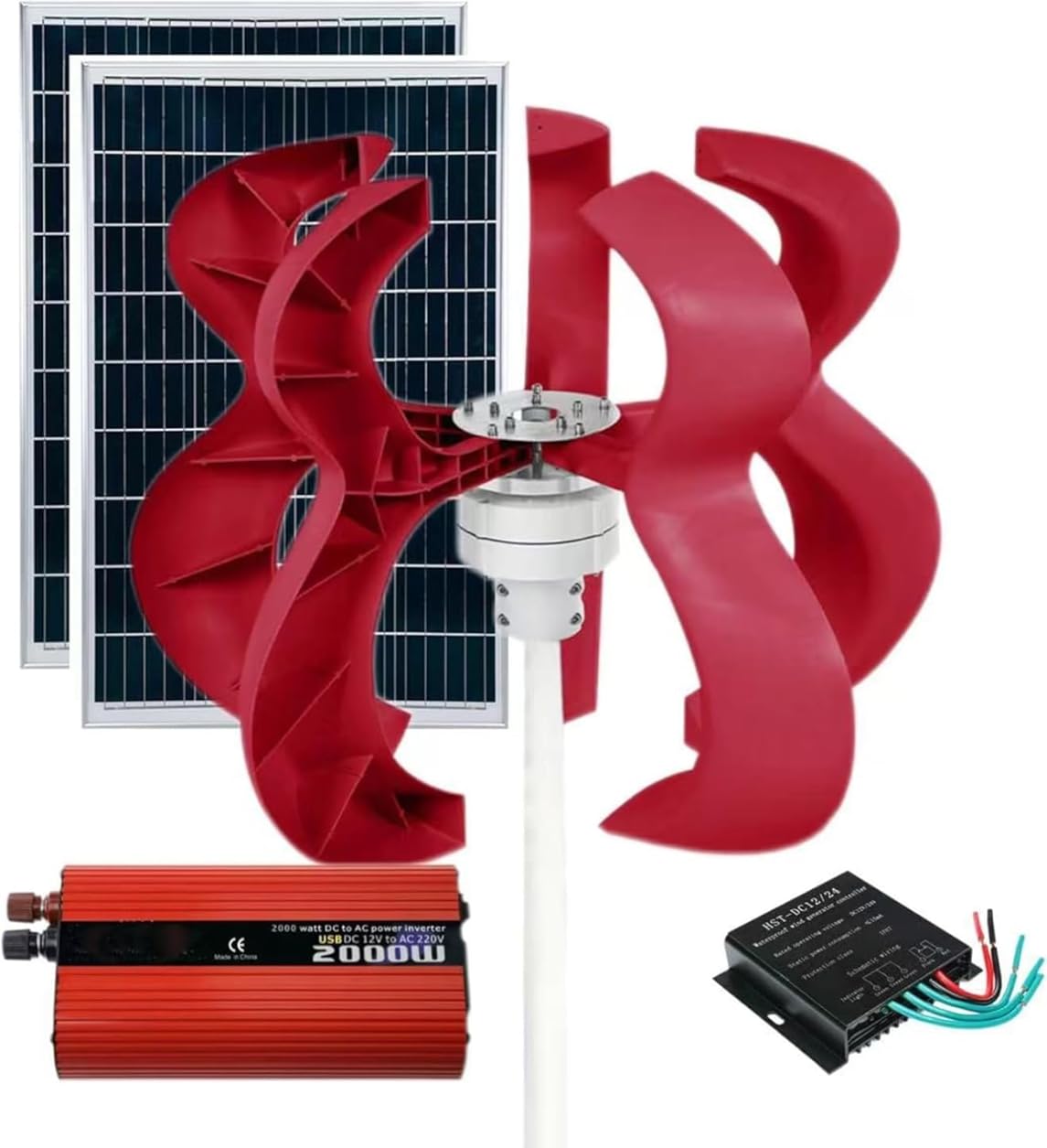 CHRISK 5000W Hoist Type Wind Turbine Generator Kit Wind Turbine with Controller+2000W Inverter+100W *2 Solar Panel Vertical Axis Power Generation