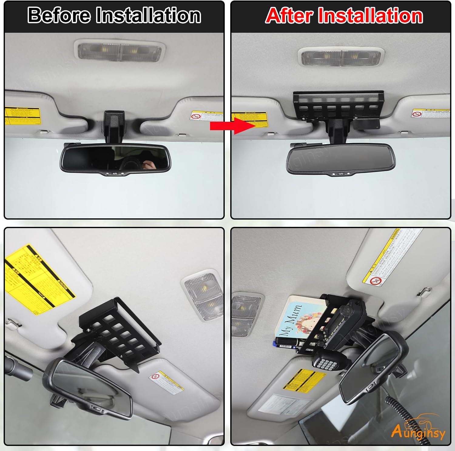 Aunginsy Inner Rearview Mirror Storage Rack Shelf Compatible with Toyota FJ Cruiser 2007-2021 Car Roof Rearview Mirror Multifunctional Storage Box Mount Frame Organizer Tray Expansion Accessories