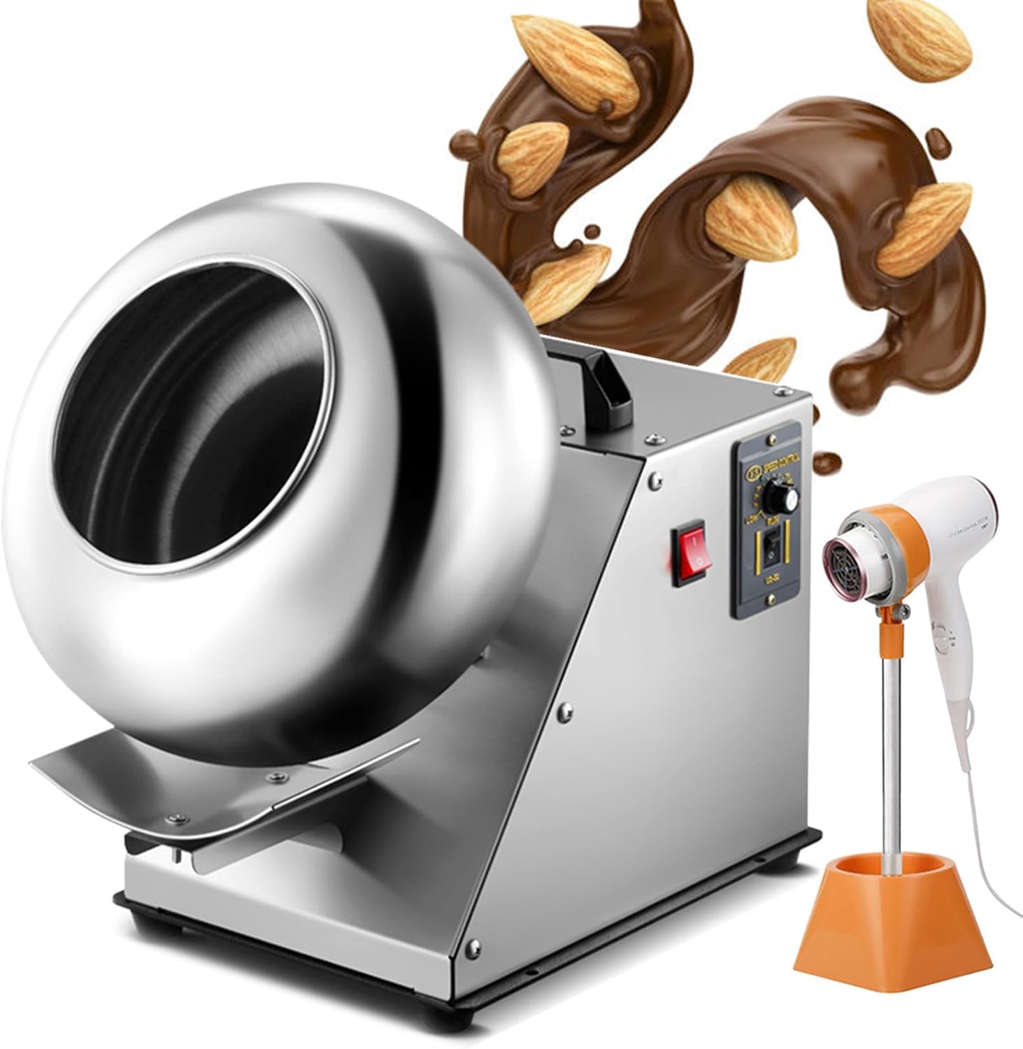 Sugar Coating Chocolate Polishing Machine | Electric Nuts & Food Drum Mixer | Chocolate Panning Machine with Hair Dryer | Stainless Steel Pot Body | Output:1-4kg/Time | Adjustable Speed