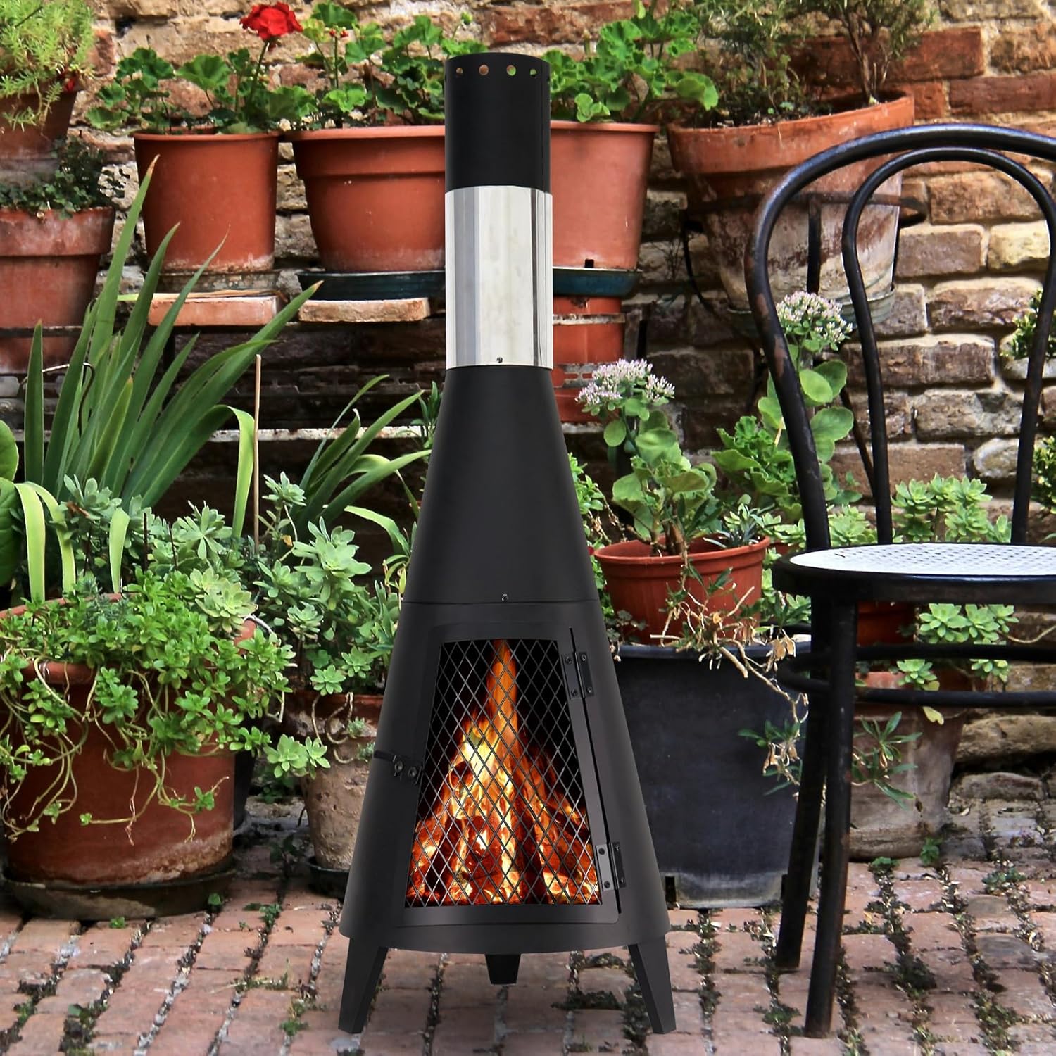BDL Chiminea Outdoor Fireplace Outdoor Wood Burning Fire Pit Free Standing Fireplace with Log Grate, Mesh Screen for Patio, Backyard, Garden-Black