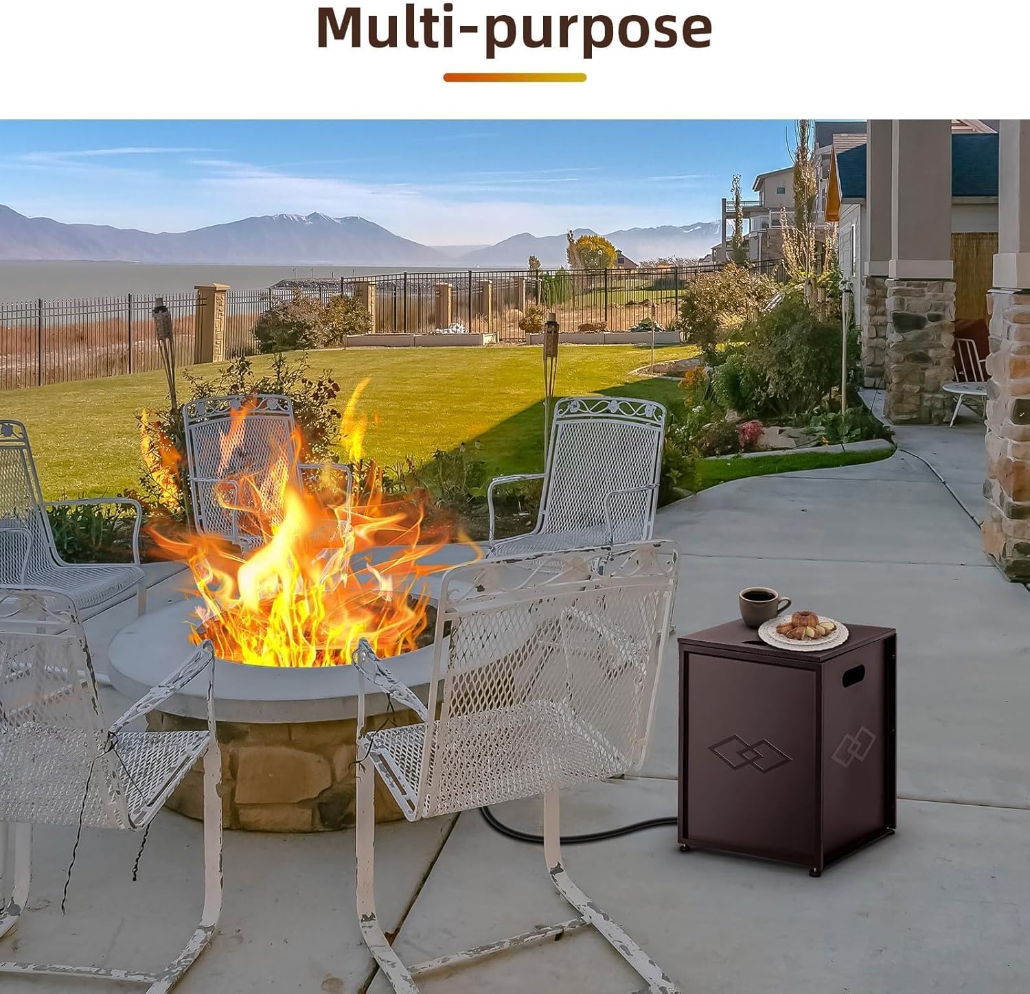 Outdoor Propane Tank Cover - 20 Lbs Tank Side Table With Storage 2-In-1 Rattan Hideaway Propane Gas Tank Table for Gas Fire Pit, Grill, Griddle & Stoves