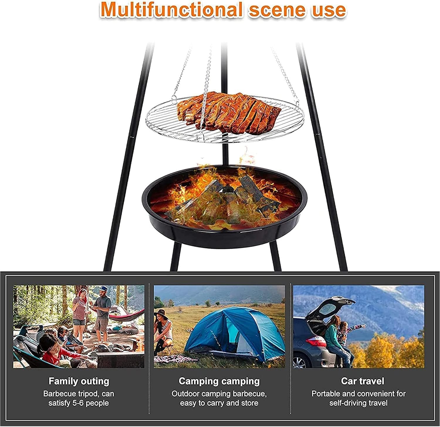 Camping Fire Pit Portable, Outdoor Height-Adjustable Hanging Tripod with Stainless Steel Barbecue Net and Charcoal Barbecues Grill Tall Garden Patio Heater for Campfire Cooking Pot Rack black