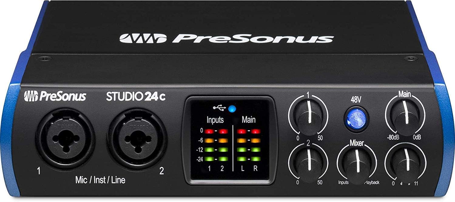 PreSonus Studio 24c 2x2 USB Type-C Audio/MIDI Interface with Eris E7 XT Pair 2-Way Studio Monitors with EBM Wave Guide Design and 1/4” Instrument Cable
