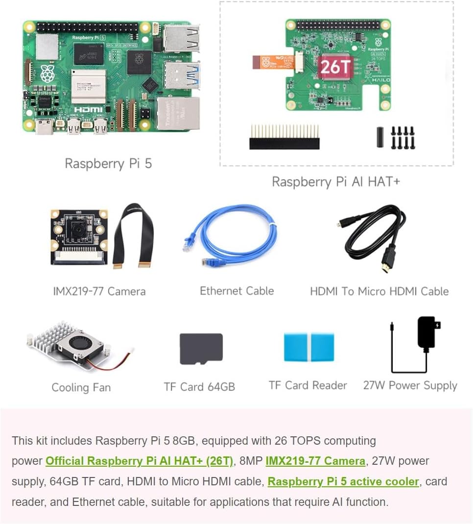 Pi5 AI Kit, Compatible with Raspberry Pi 5 8GB, Bundle with Raspberry Pi AI HAT+ 26T, PI5-IMX219-77 Camera, Cooler, 64GB TF Card, Cable and Other Accessories Items (PI5-8GB AI Kit D)