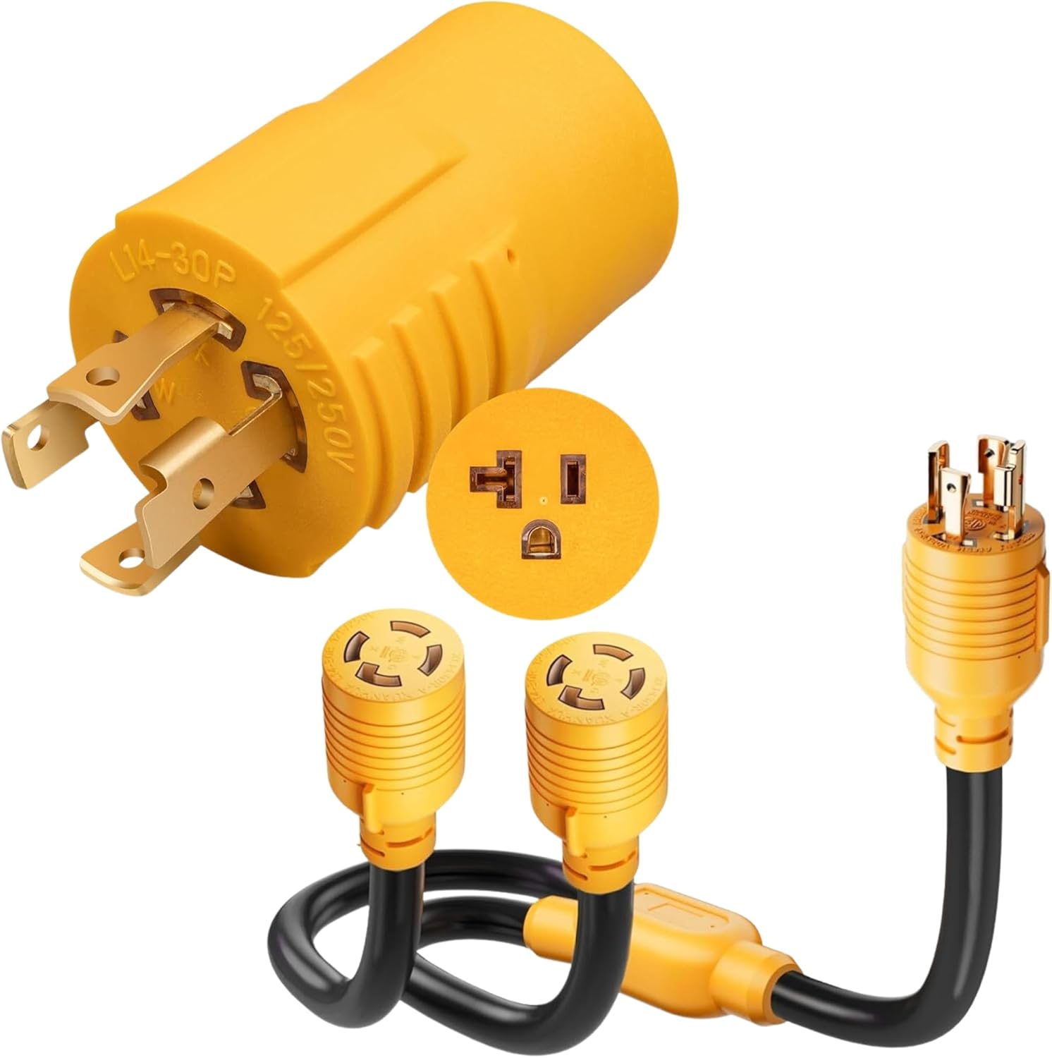 MECMO 4 Prong 30 Amp Generator Splitter Y Adapter NEMA L14-30P to 2X L14-30R, 10 AWG SJTW Generator Locking Power Cord Cable, NEMA L14-30P to 5-15R 5-20R Generator Adapter, 4 Prong Twist Lock