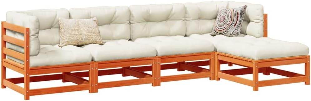 Garden Sofa Set, Wax Brown Solid Pine Wood, Oxford Fabric, 5-Piece Modular Patio Furniture Set for Outdoor Living, Balcony, Terrace