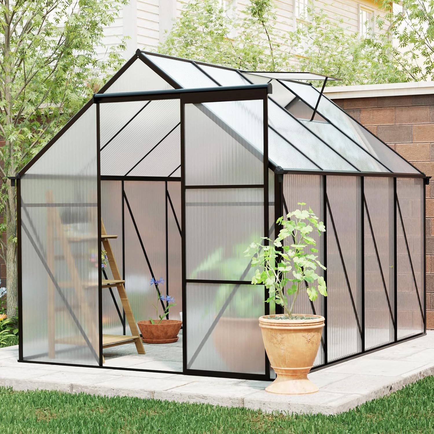 6x12 FT Polycarbonate Greenhouse, Outdoor Heavy Duty Green Houses with Sliding Doors Vent Window, Quick Assembly Structure, Roof Vents for Garden Backyard, Black